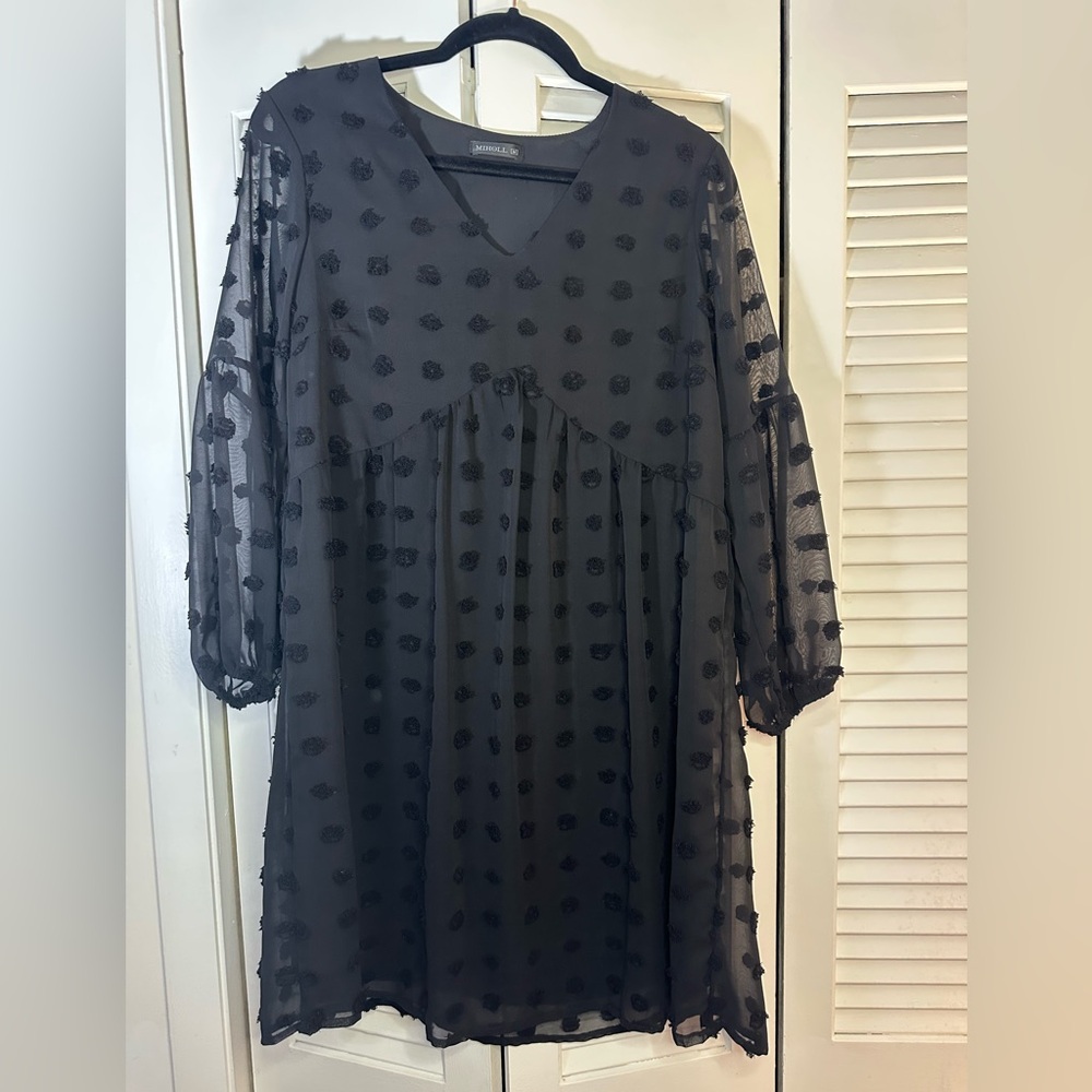 Elegant Black Sheer Polka Dot Bubble Long Sleeve Dress